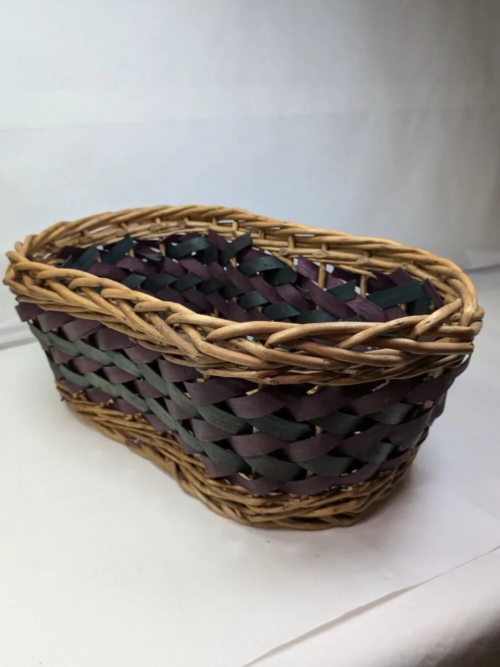 Southwestern Woven Oval Basket Deep Purple Teal Turquoise Accents Boho Rustic